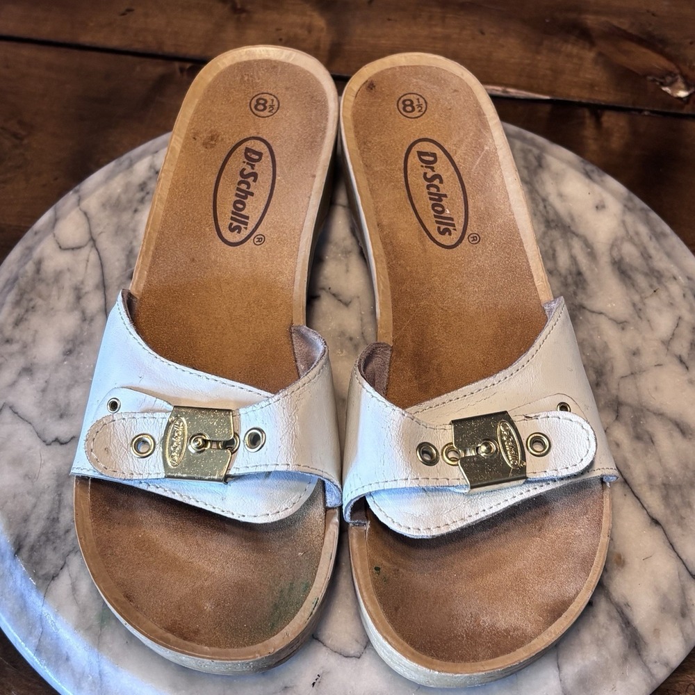 VTG Dr Scholl's Exercise Sandals Clogs Silver Mosaic Leather‎ Women Sz US 8.5 - Picture 2 of 6